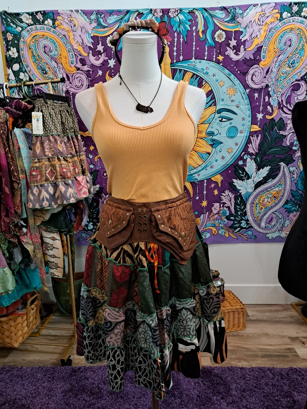 Earth Pixie Outfit | Silk Skirt, Top, Pouch, Necklace & Fairy Headband